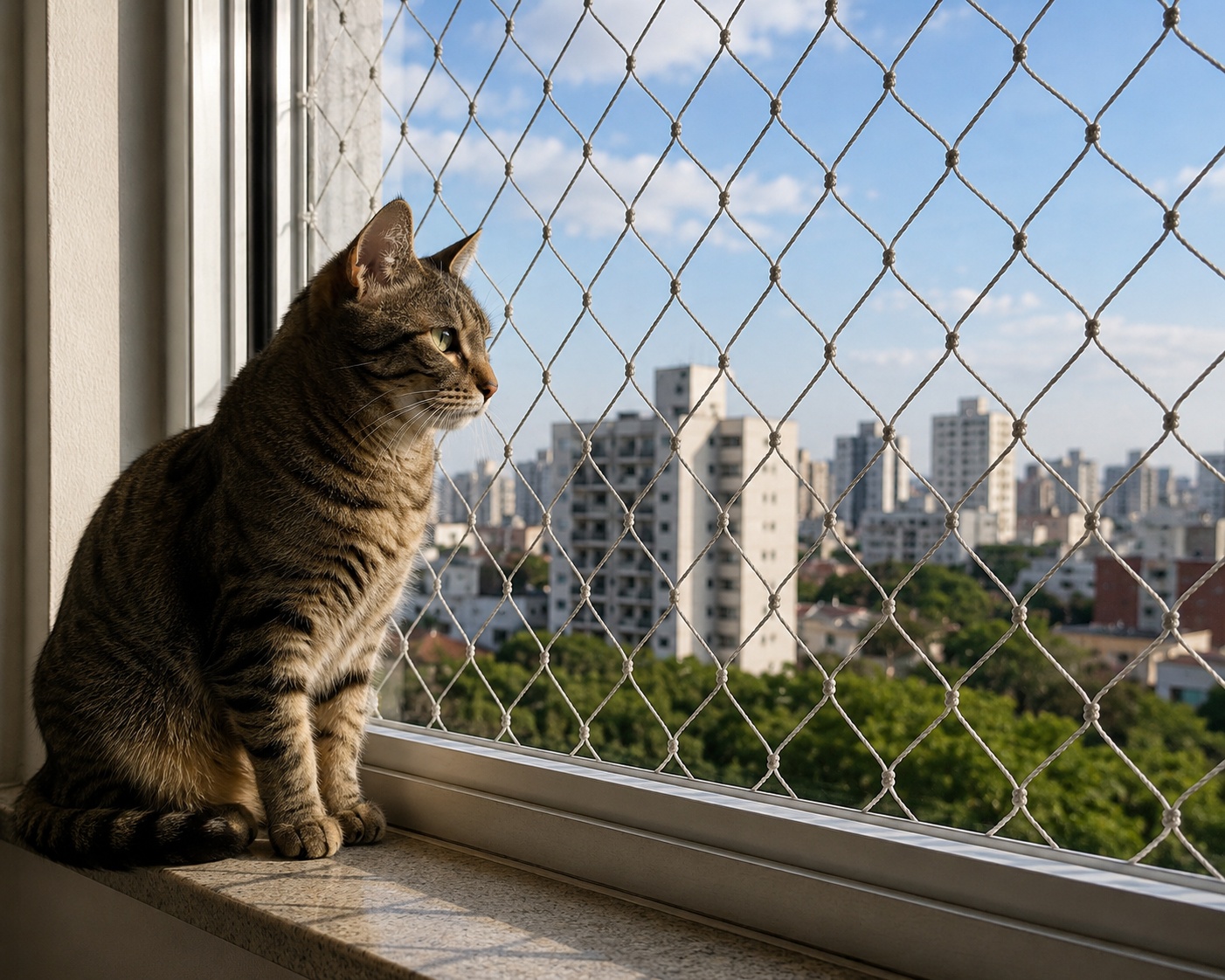 Gato em janela com rede de proteção